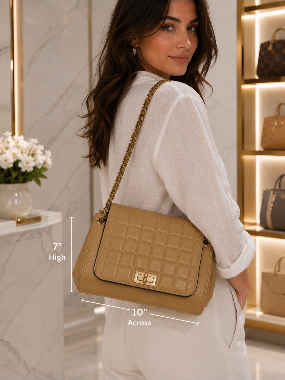 Authentic Chanel Chocolate Bar Accordion Flap shoulder Bag w Certificate & card